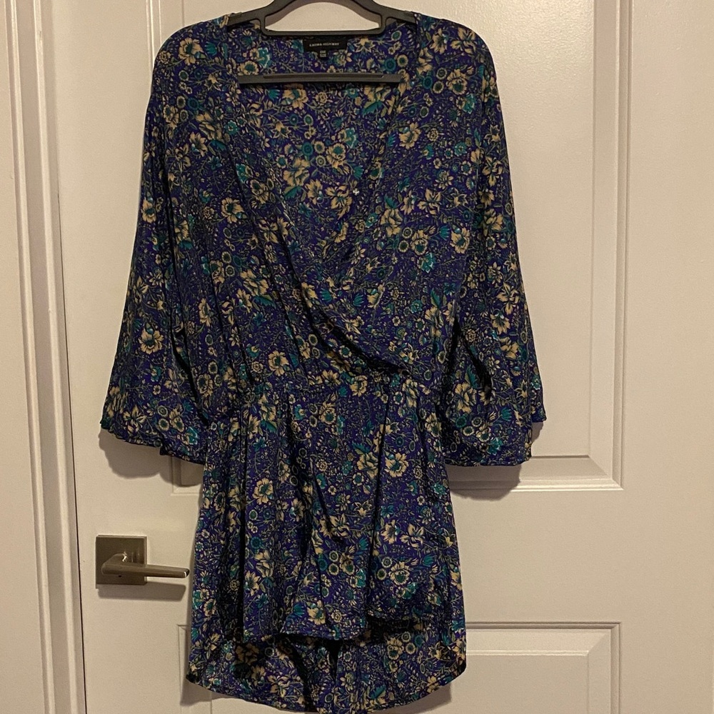 Floral Blue Wrap Romper - Women Shorts